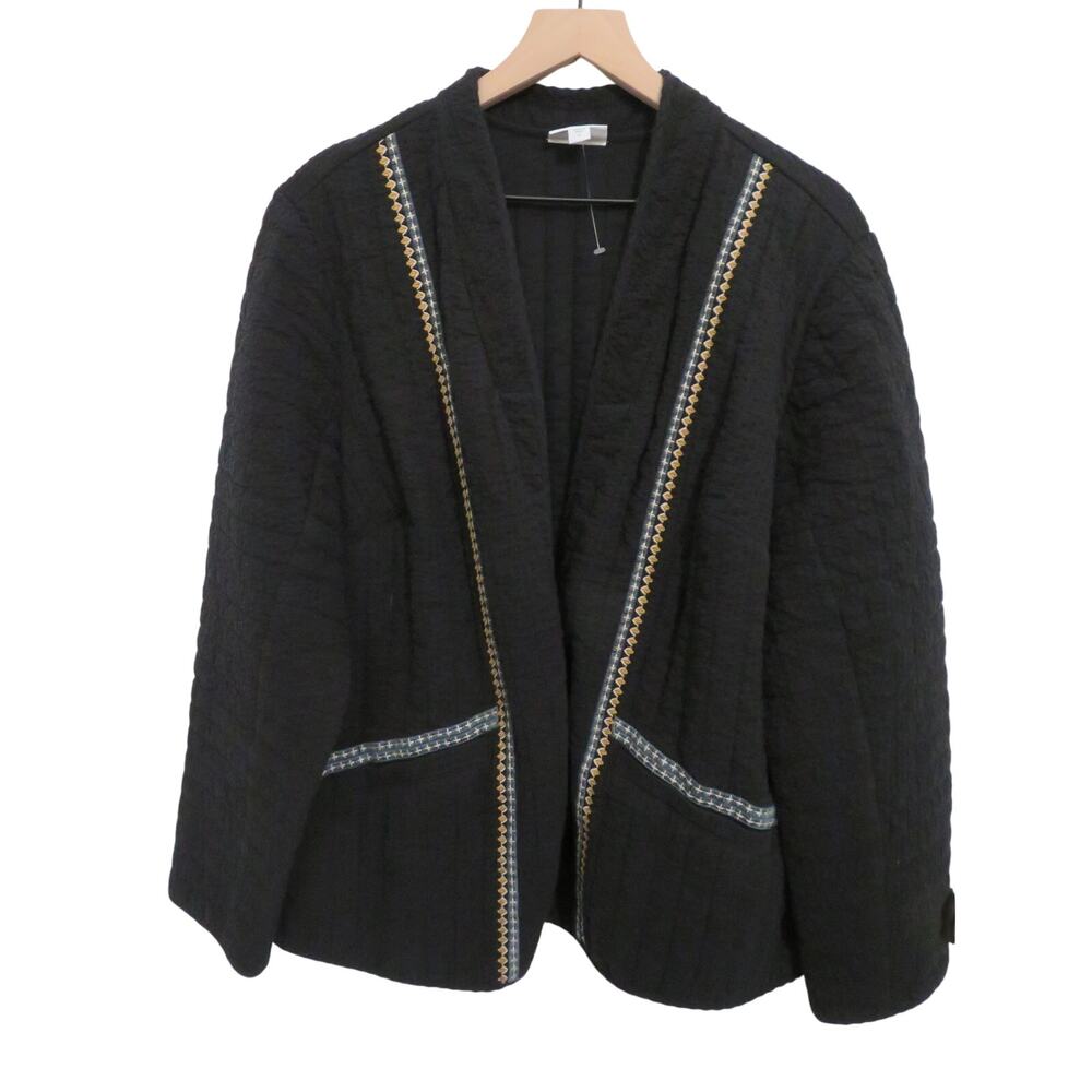 J.Jill Sz XL Black Quilted Seersucker Jacket Embroidered Accents Career Casual